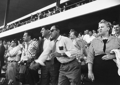 Woodbine Racetrack (1956) by Lutz Dille, gelatin silver print.